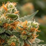 Macro shot of cannabis buds with a thick layer of trichomes and orange pistils, surrounded by deep green leaves.