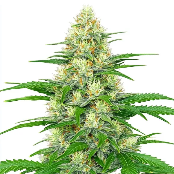 White Widow Autoflower cannabis plant with dense buds, white trichomes, and bright green leave