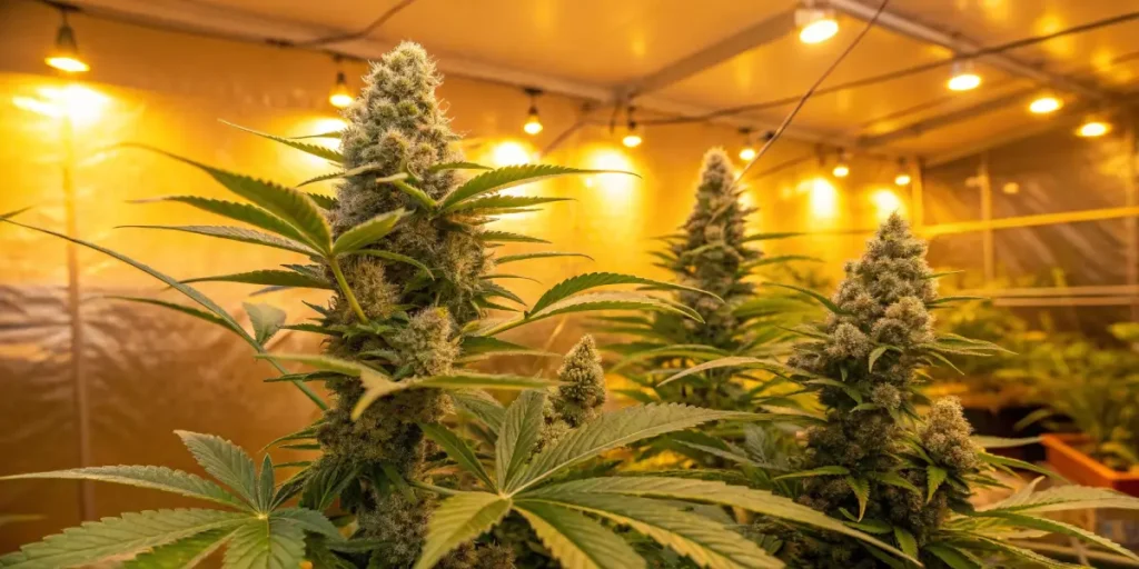 Hyper-realistic digital artwork of three robust cannabis plants with dense buds under warm indoor grow lights.