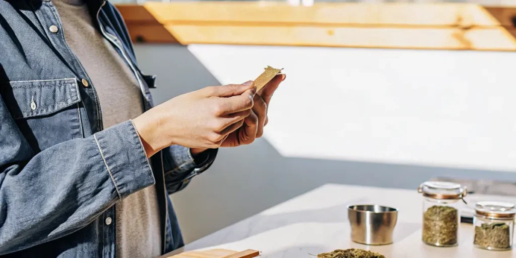 Hyper-realistic scene of a person's hands preparing a cannabis wrap or paper, with jars of cannabis in the background, in a sunlit room.