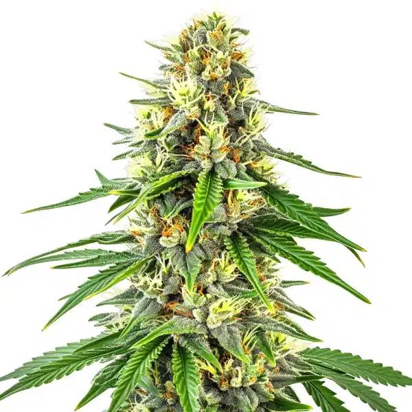 Budmint cannabis flower with mint-green leaves, orange pistils, and dense frosty buds.