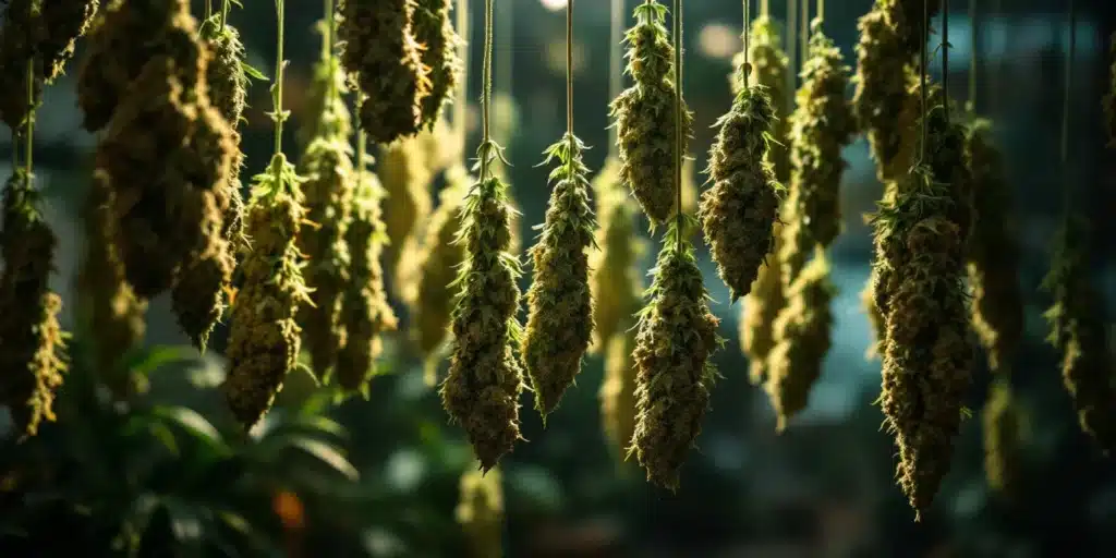 Numerous cannabis buds hanging to dry in a controlled environment, illuminated by light.
