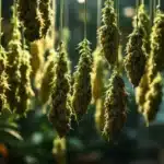 Numerous cannabis buds hanging to dry in a controlled environment, illuminated by light.