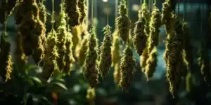 Numerous cannabis buds hanging to dry in a controlled environment, illuminated by light.