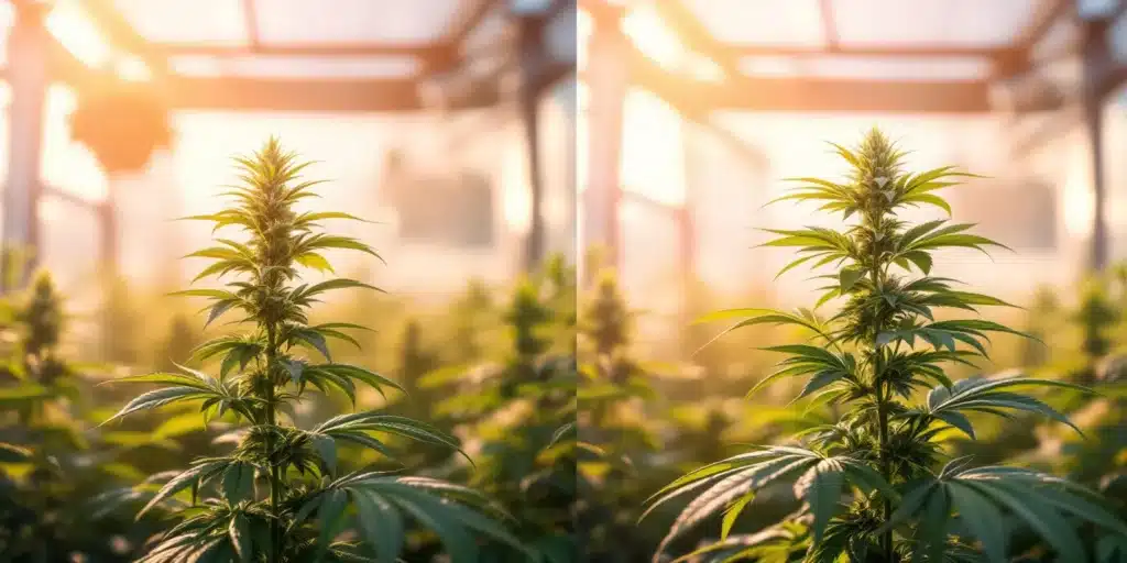 Two large, healthy cannabis plants with dense buds, ready for harvest in a sunlit greenhouse.