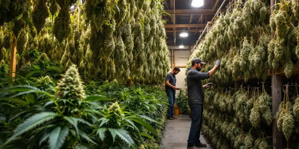 Large cannabis drying facility with workers tending to abundant rows of hanging cannabis buds.