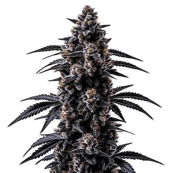 The Black Sugar cannabis strain showcasing dark, dense buds with a frosty coating of trichomes.
