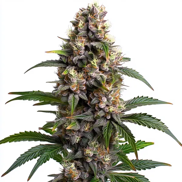 Godfather OG cannabis plant with dense, purple-hued buds covered in trichomes, orange pistils, and dark green leaves, set against a clean white background