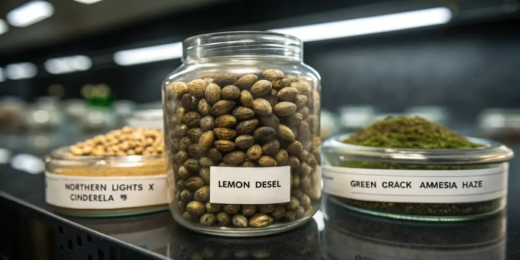 Hyper-realistic macro photography: glass jars of cannabis seeds labeled "LEMON DESEL," "NORTHERN LIGHTS X CINDERELLA," and "GREEN CRACK AMMESIA HAZE" on a shelf.
