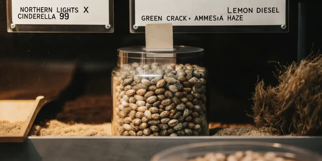 Hyper-realistic macro photography: close-up of a glass jar filled with cannabis seeds, with a "LEMON DIESEL" label, surrounded by loose seeds and hay.