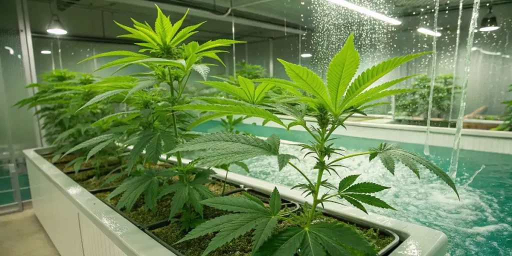 Hydroponic cannabis plants under water mist in an indoor cultivation setup.