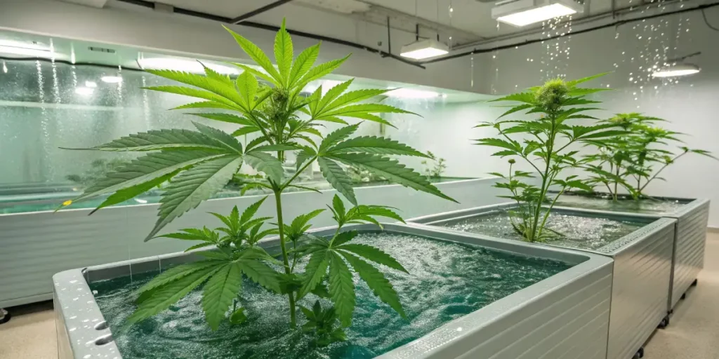 Hydroponic cannabis plants with sprouting buds in a high-tech indoor grow room.