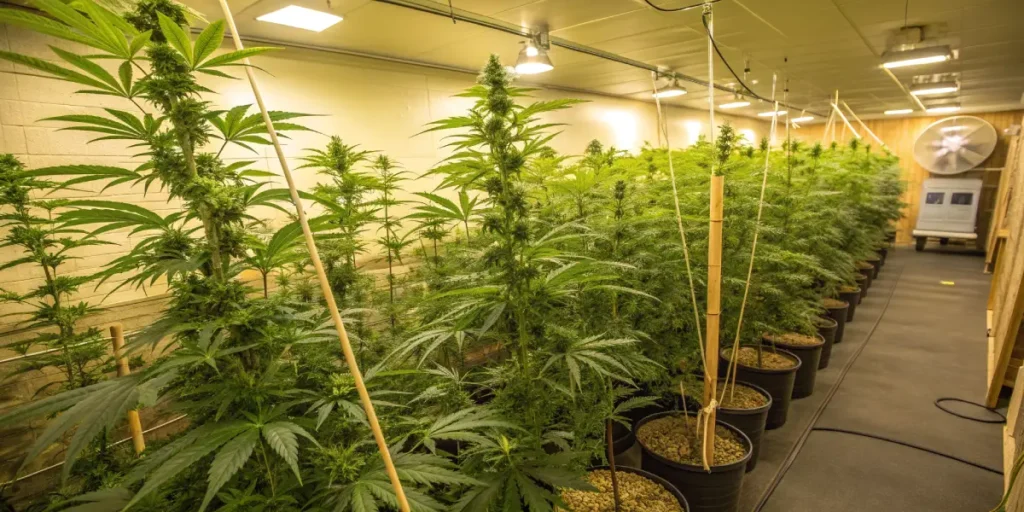 Hyper-realistic indoor cannabis grow room featuring tall, lush plants in pots, with support stakes, under bright overhead lights and a fan.