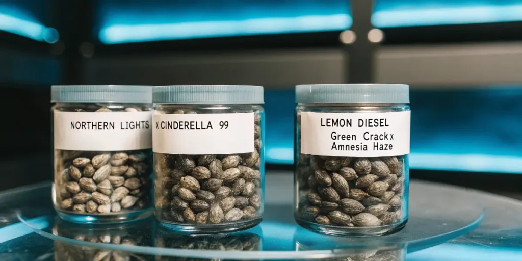 Hyper-realistic macro photography: three labeled glass jars filled with cannabis seeds on a reflective surface, illuminated by blue light.