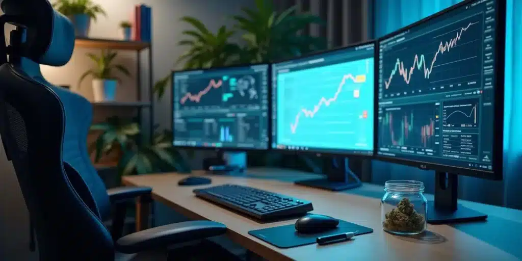 Modern workspace with financial charts on monitors and a cannabis jar, highlighting the best 7 strain for work to boost productivity and focus.