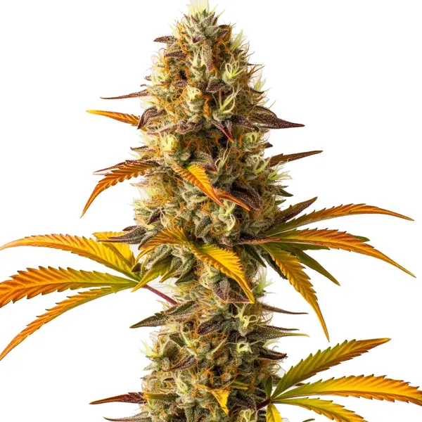 The Orange Cookies cannabis plant with orange-hued leaves and resin-coated buds.