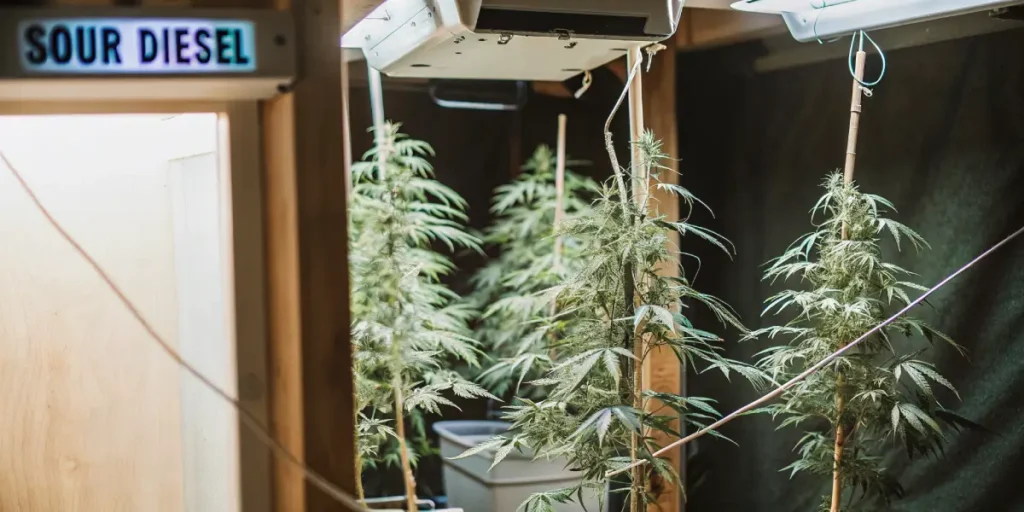 Hyper-realistic indoor cannabis grow room featuring Sour Diesel plants with light green leaves and prominent buds, under grow lights, with "SOUR DIESEL" label.