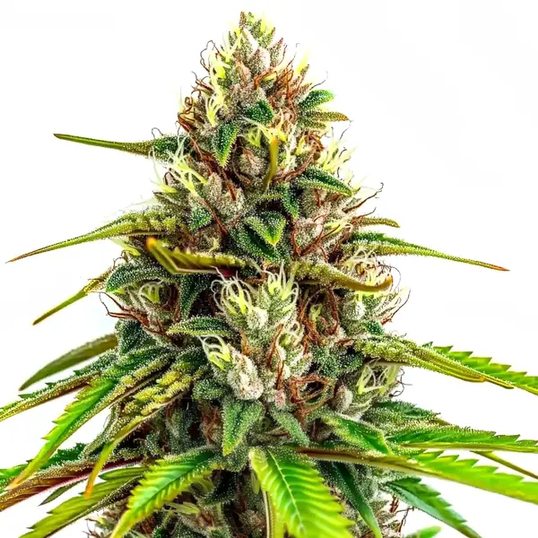 Resin-covered buds of 24K Gold Auto strain with vibrant green leaves