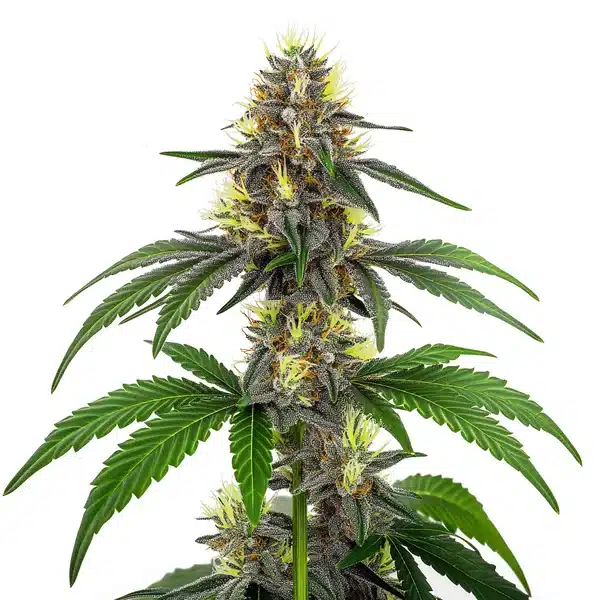 CBD White Widow cannabis bud covered in trichomes with vibrant green leaves.