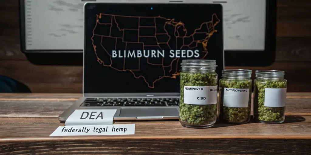 Hyper-realistic scene showing jars of marijuana seeds labeled "FEMINIZED," "REGULAR," and "AUTOFLOWERING," with "DEA" and "federally legal hemp" labels, and a laptop displaying a map of the USA with "BLIMBURN SEEDS" text.