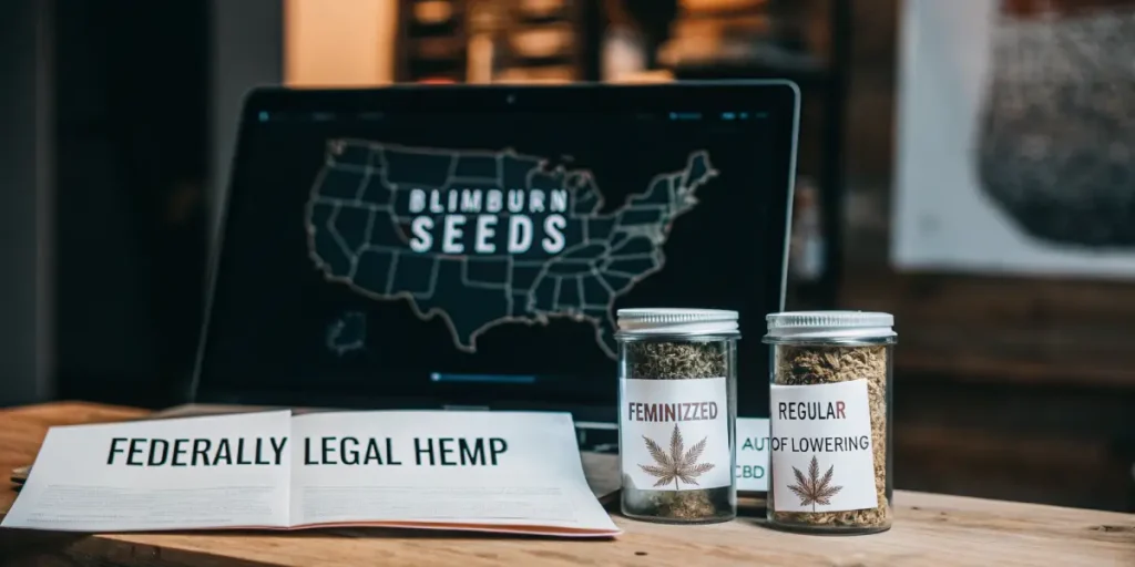 Hyper-realistic scene showing marijuana seeds in jars labeled "FEMINIZED" and "REGULAR," with a laptop displaying a map of the USA and "BLIMBURN SEEDS" text, and "FEDERALLY LEGAL HEMP" document.