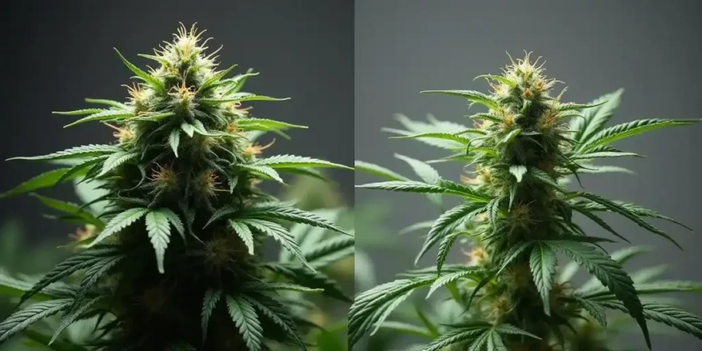 Side-by-side comparison of lush cannabis buds showing vibrant green leaves and amber pistils.