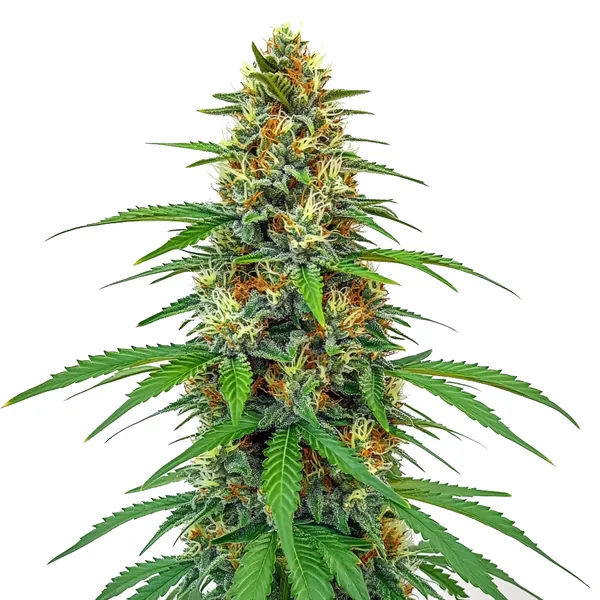 CBD Tangie cannabis plant with vibrant green leaves and dense buds, featuring a light orange hue.