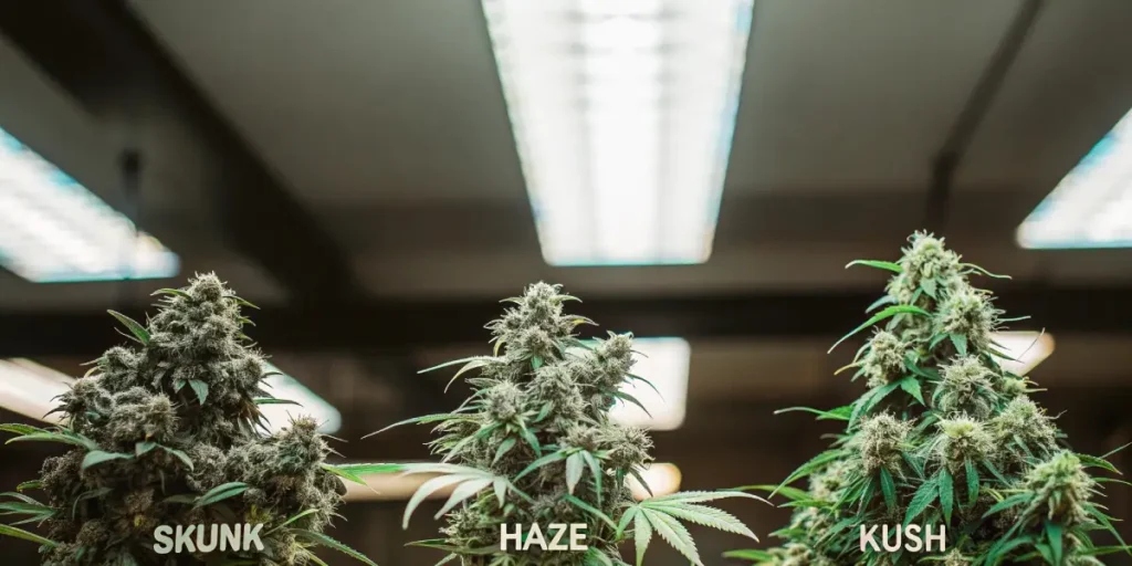 Three cannabis plants labeled Skunk, Haze, and Kush growing under indoor lighting.