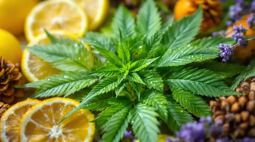 Molecular structure of limonene surrounded by cannabis buds and fresh oranges, illustrating the use of terpene sprays in marijuana for enhanced citrus aroma.
