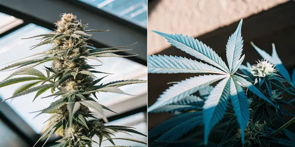 Split image: cannabis plant with prominent buds and light green leaves in a bright greenhouse (left), and a blue-toned cannabis leaf with buds in a sunlit room (right).