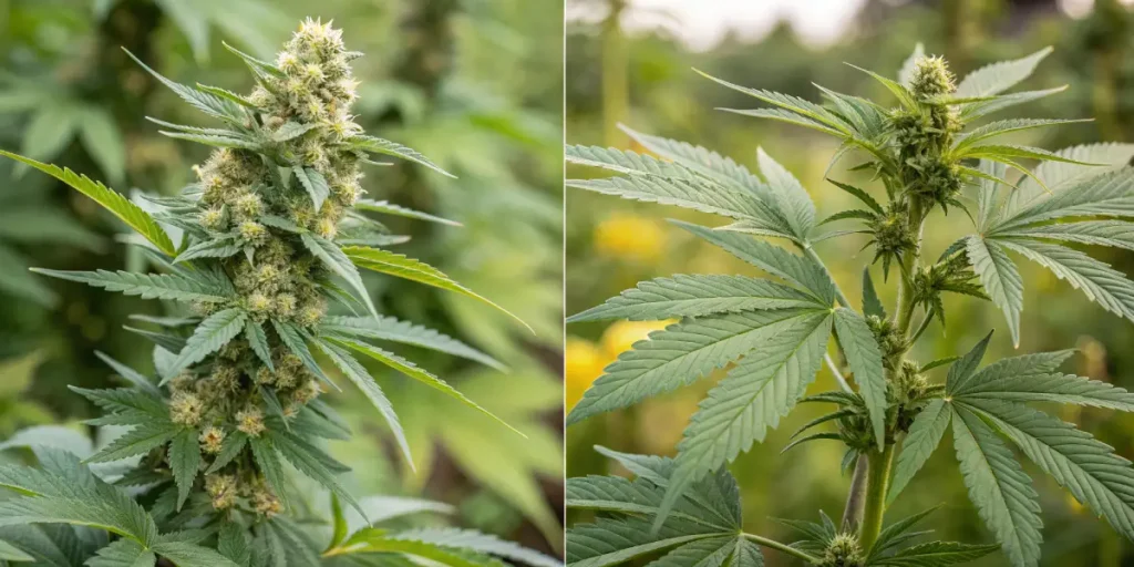 Split image: dense cannabis bud with prominent pistils and leaves (left), and a cannabis branch with smaller buds (right), both in a natural green background.
