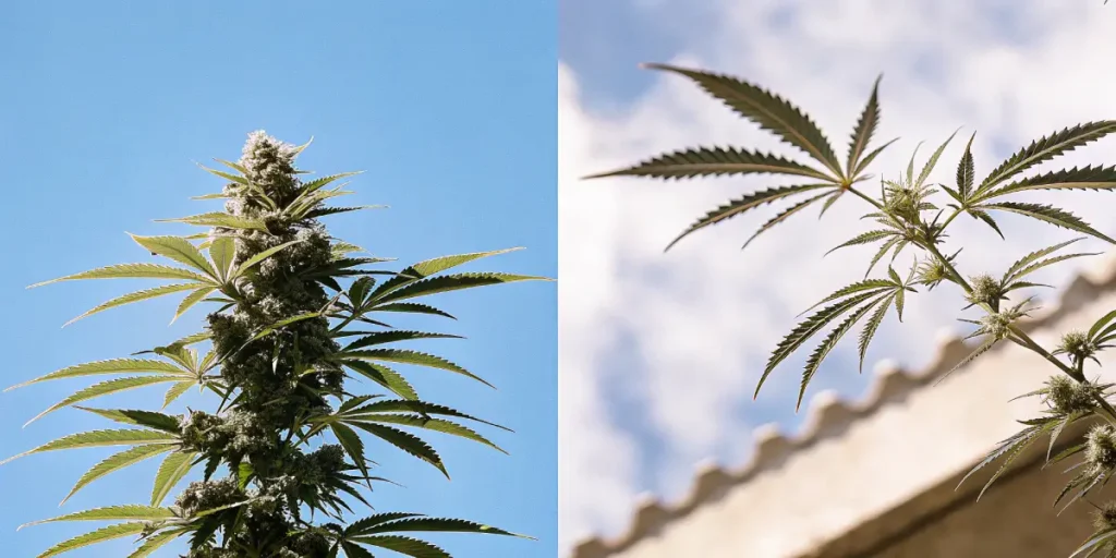 Split image: dense cannabis bud against a clear blue sky (left), and a branch of cannabis against a cloudy sky and building (right).