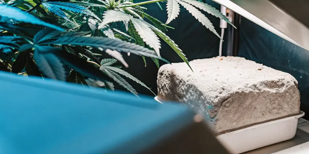 Hyper-realistic close-up of a block of diatomaceous earth near a cannabis plant, illuminated by light.
