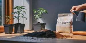 Hyper-realistic illustration: hand watering cannabis plants with a gray watering can, next to a bag of "ORGANIC Soil" and a pile of soil on a table.