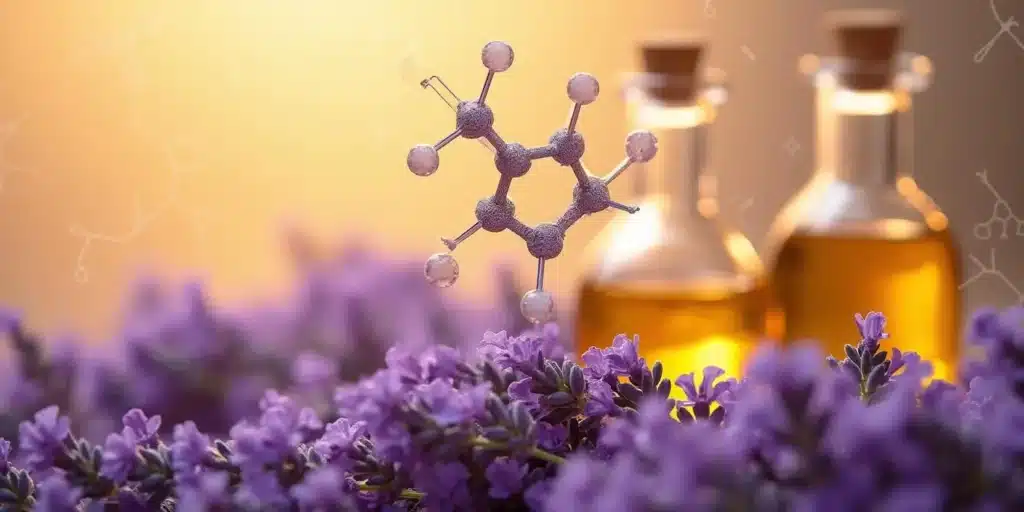 Glass bottle of lavender oil placed in a lavender field during sunset, symbolizing natural terpene sprays like linalool used in marijuana cultivation.