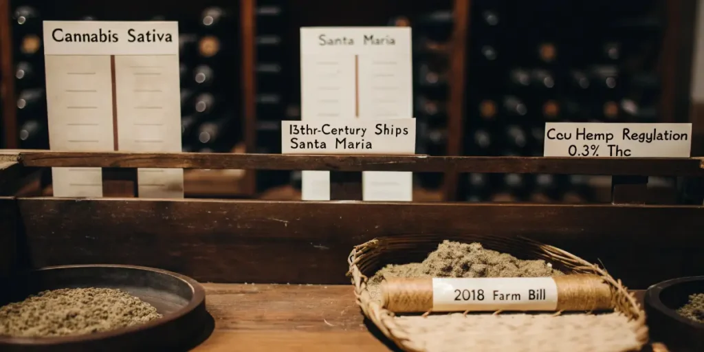 historical display of cannabis sativa with hemp products and 2018 farm bill reference