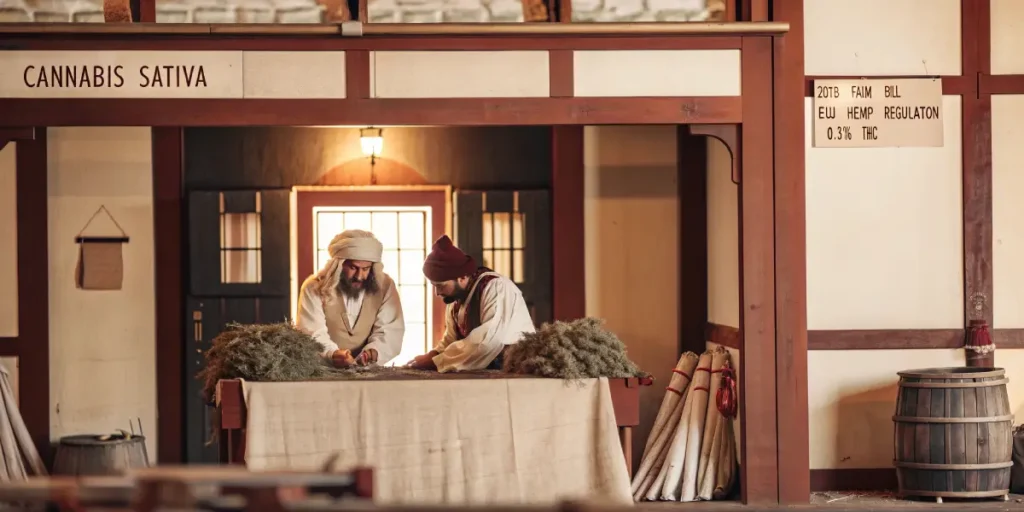 historical scene of cannabis sativa harvest with two men processing hemp indoors