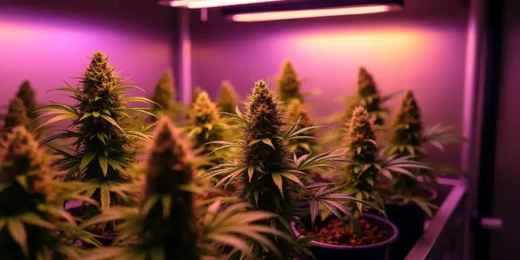 Indoor autoflower cannabis plants under vibrant pink LED grow lights, ideal for boosting growth in confined spaces.