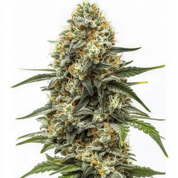 Big Bud Auto cannabis plant with large, resin-coated buds and orange pistils.