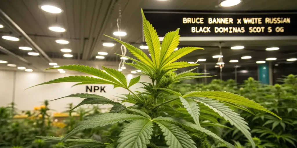 Hyper-realistic close-up of a vibrant cannabis plant with an NPK label, under bright grow lights, with a sign listing "BRUCE BANNER X WHITE RUSSIAN" and "BLACK DOMINAS SCOT S OG" cannabis strains.