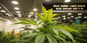 Hyper-realistic close-up of a vibrant cannabis plant with an NPK label, under bright grow lights, with a sign listing "BRUCE BANNER X WHITE RUSSIAN" and "BLACK DOMINAS SCOT S OG" cannabis strains.