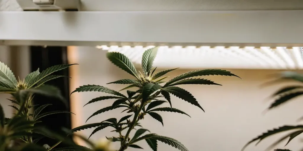 Hyper-realistic close-up of a healthy cannabis plant with visible buds, growing under a bright linear grow light in an indoor room.