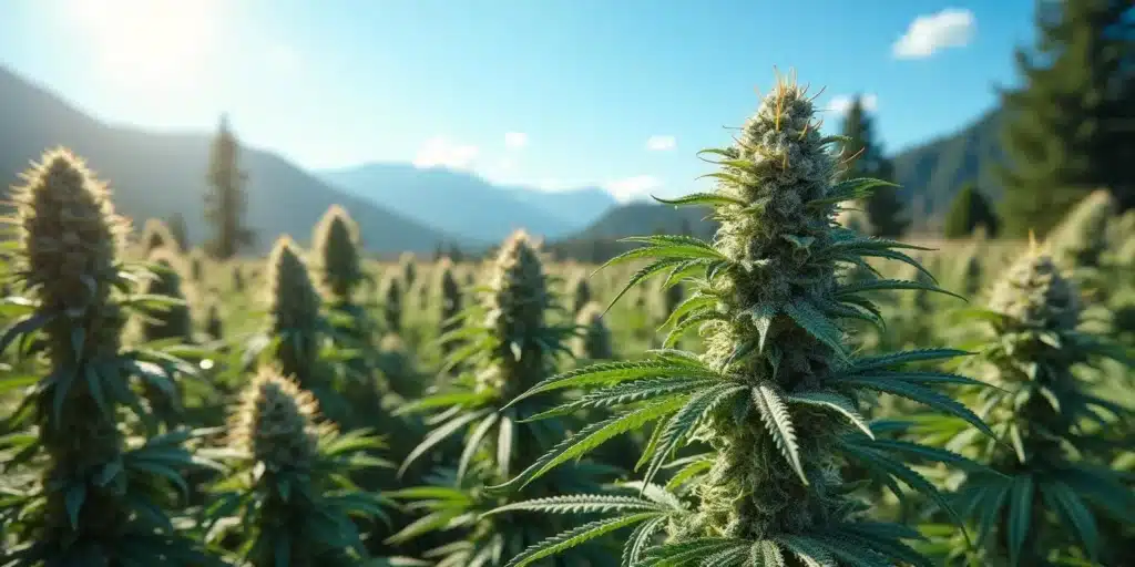 Autoflower cannabis plants thriving under natural sunlight in a mountain field, showcasing optimal outdoor light conditions.