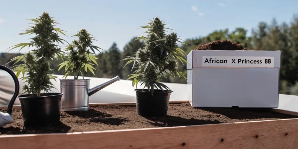 Three potted cannabis plants and a watering can in a raised bed with a "African X Princess 88" label on soil.