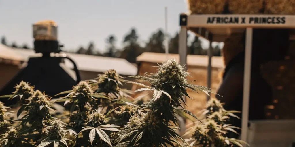 Close-up of cannabis plants with buds outdoors, with an "AFRICAN X PRINCESS" sign in the background.