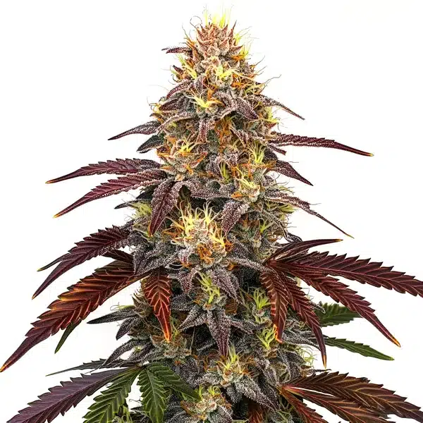 Red Devil Auto cannabis with dark purple-red leaves and frosty buds rich in trichomes