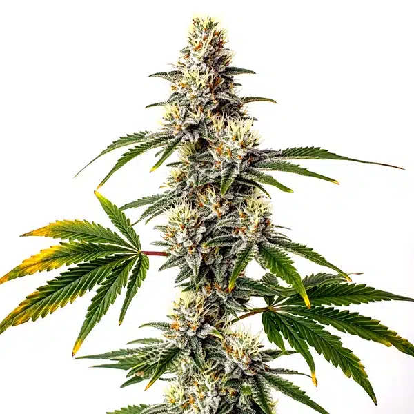 Strawberry Haze cannabis plant with dense white buds, orange pistils, and golden leaves.
