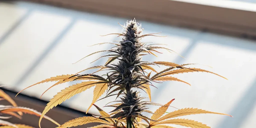 close-up of a flowering cannabis plant with narrow serrated leaves in bright indoor light
