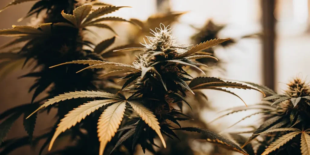 close-up view of a lush cannabis bud with wide leaves in a warm indoor grow room