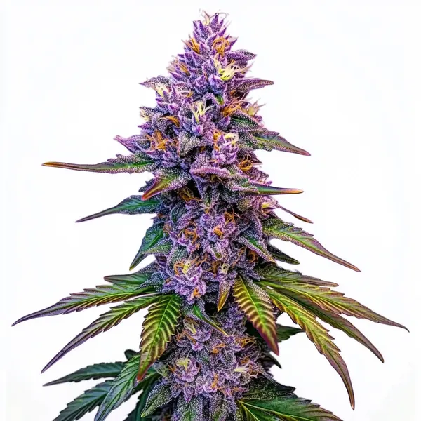 Purple Lemonade Auto cannabis plant with vibrant purple buds, orange pistils, and green leaves, covered in sparkling trichomes, set against a clean white background